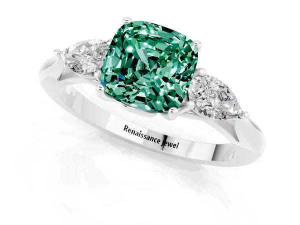 Silver Three-Stone Cushion Cut Green Sapphire Ring with Pear  Side Stones in Four-Prong Setting