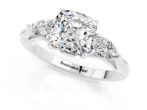 White gold Three-Stone Cushion Cut Cut Diamond Ring with Pear Side Stones in Four-Prong Setting_1