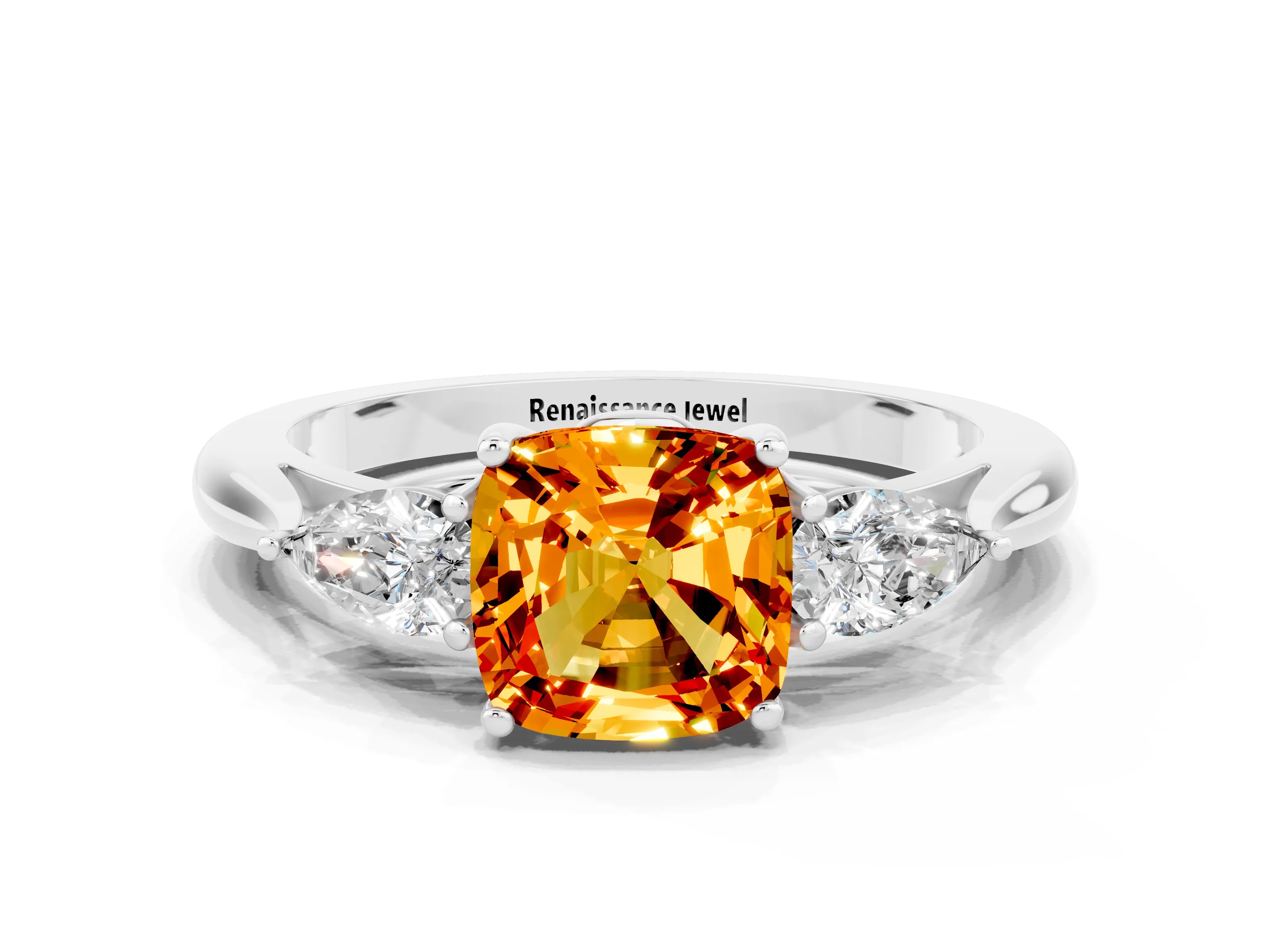 White gold Three-Stone Cushion Cut Cut Diamond Ring with Pear Side Stones in Four-Prong Setting