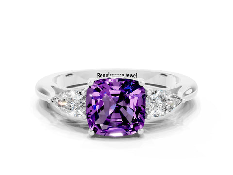 White gold Three-Stone Cushion Cut Cut Diamond Ring with Pear Side Stones in Four-Prong Setting