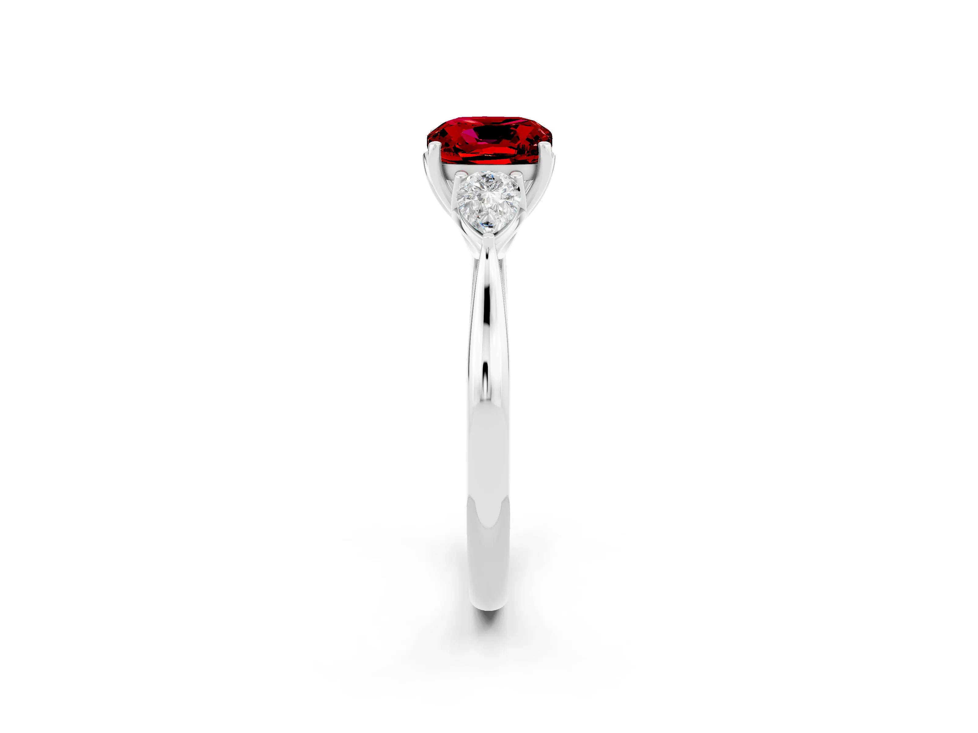White gold Three-Stone Cushion Cut Cut Diamond Ring with Pear Side Stones in Four-Prong Setting_2