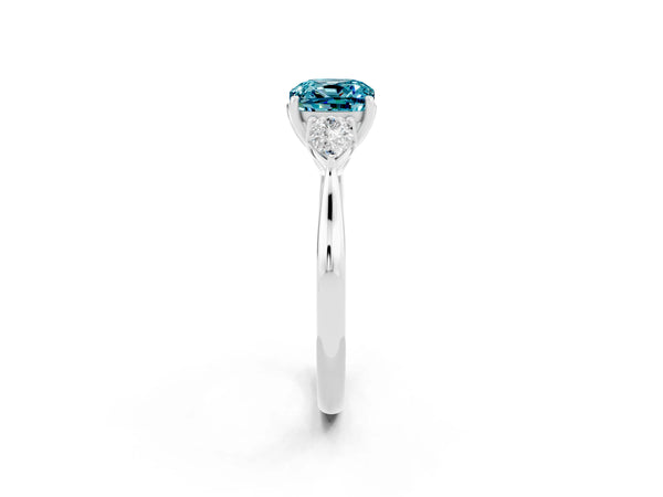 White gold Three-Stone Cushion Cut Cut Diamond Ring with Pear Side Stones in Four-Prong Setting