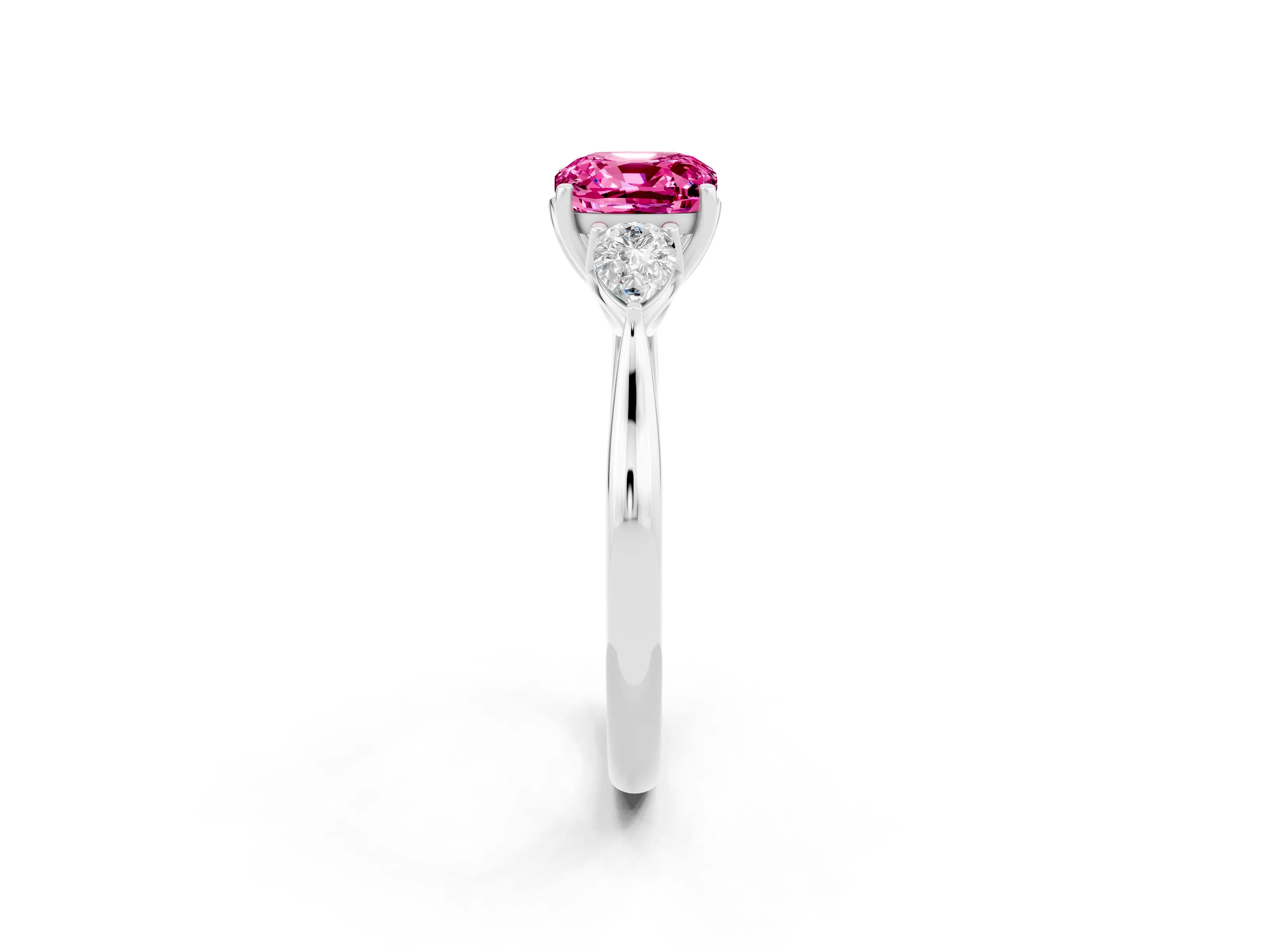 White gold Three-Stone Cushion Cut Cut Diamond Ring with Pear Side Stones in Four-Prong Setting_2