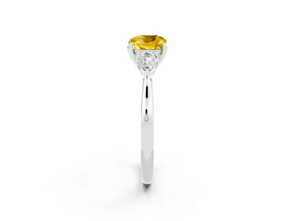 Silver Three-Stone Cushion Cut Yellow Sapphire Ring with Pear  Side Stones in Four-Prong Setting