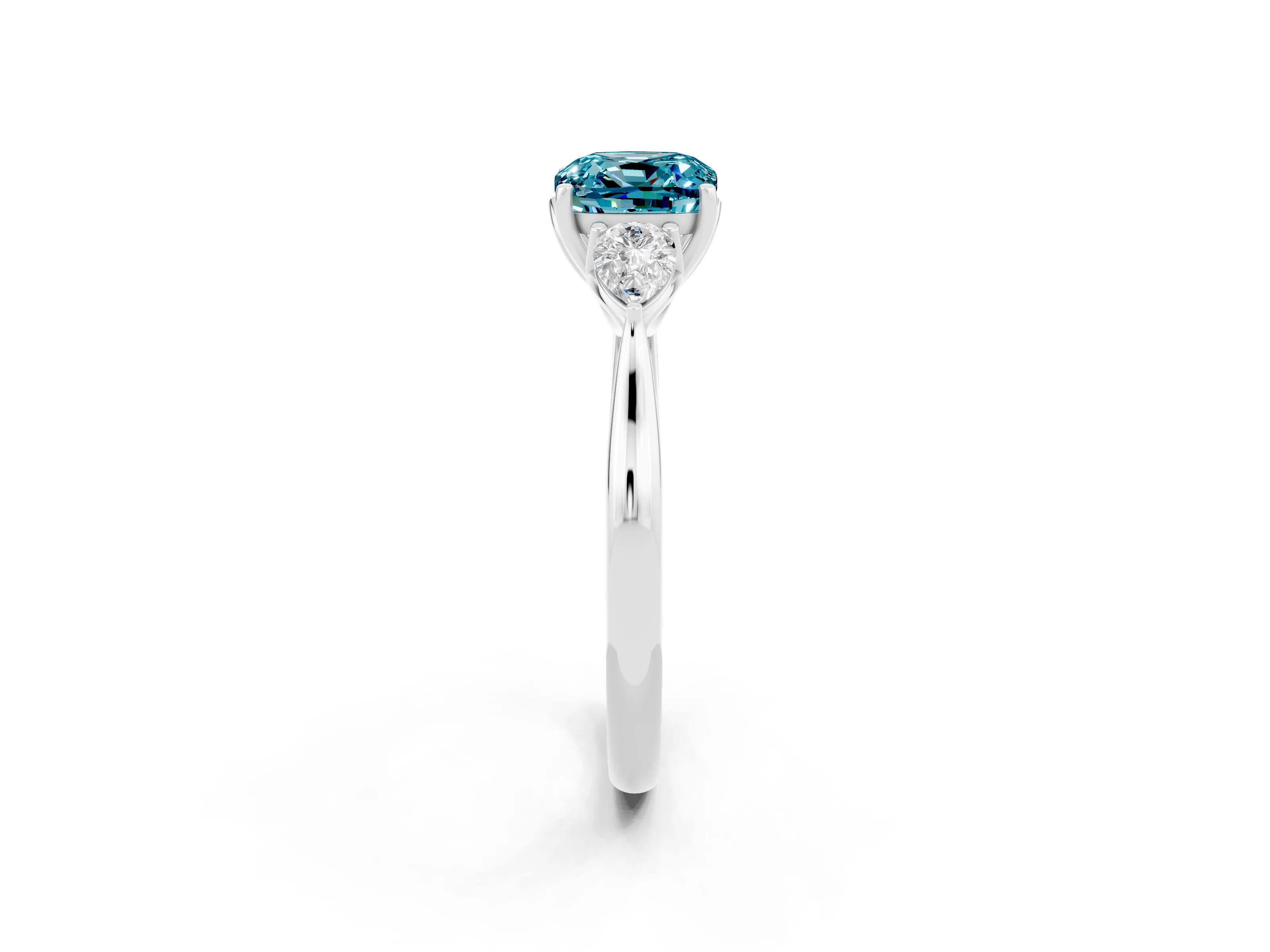 White gold Three-Stone Cushion Cut Cut Diamond Ring with Pear Side Stones in Four-Prong Setting_2