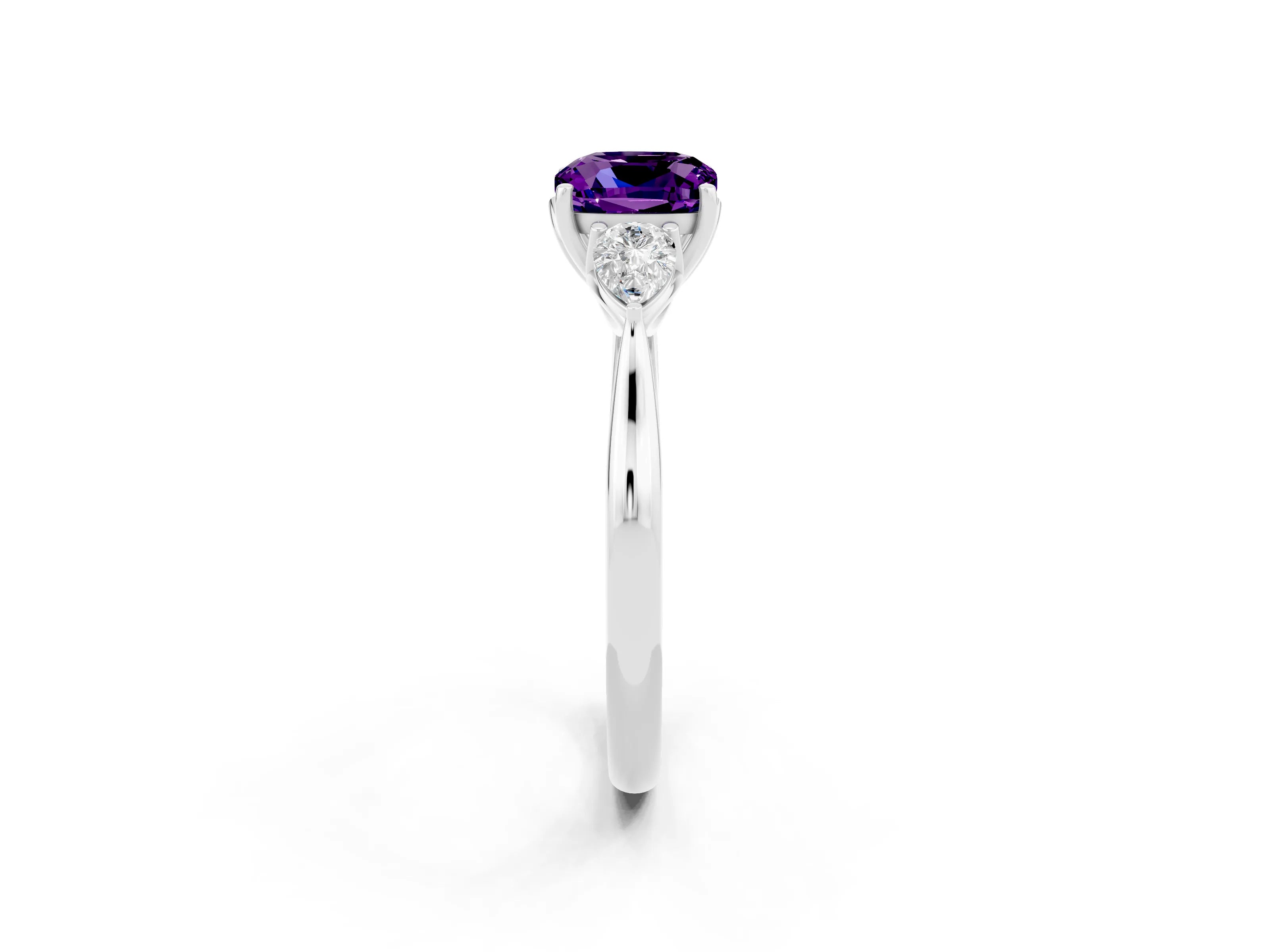 White gold Three-Stone Cushion Cut Cut Diamond Ring with Pear Side Stones in Four-Prong Setting_2