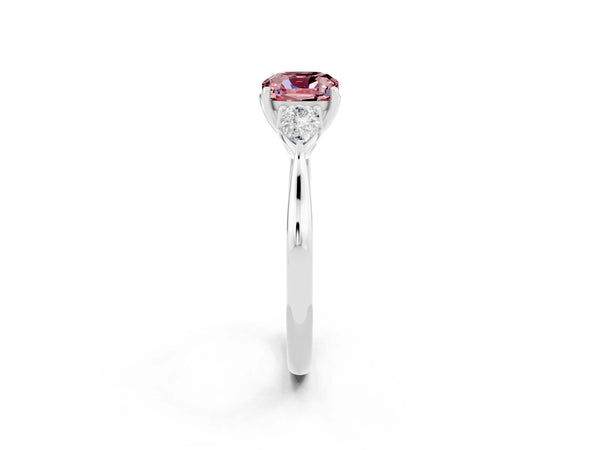 Silver Three-Stone Cushion Cut Cut Diamond Ring with Pear Side Stones in Four-Prong Setting