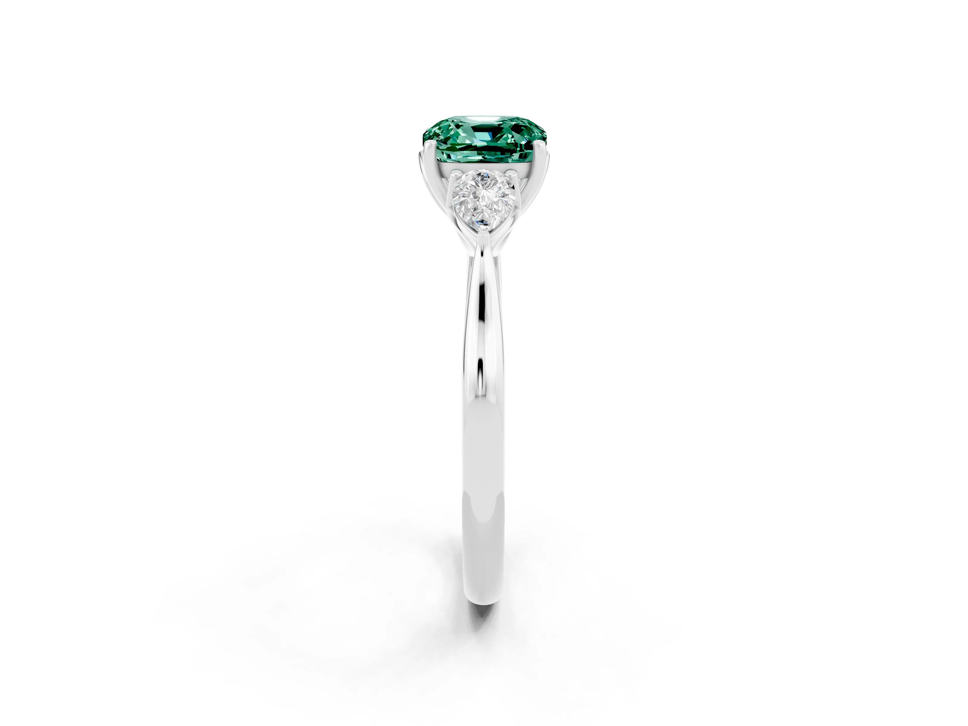 White gold Three-Stone Cushion Cut Cut Diamond Ring with Pear Side Stones in Four-Prong Setting_2