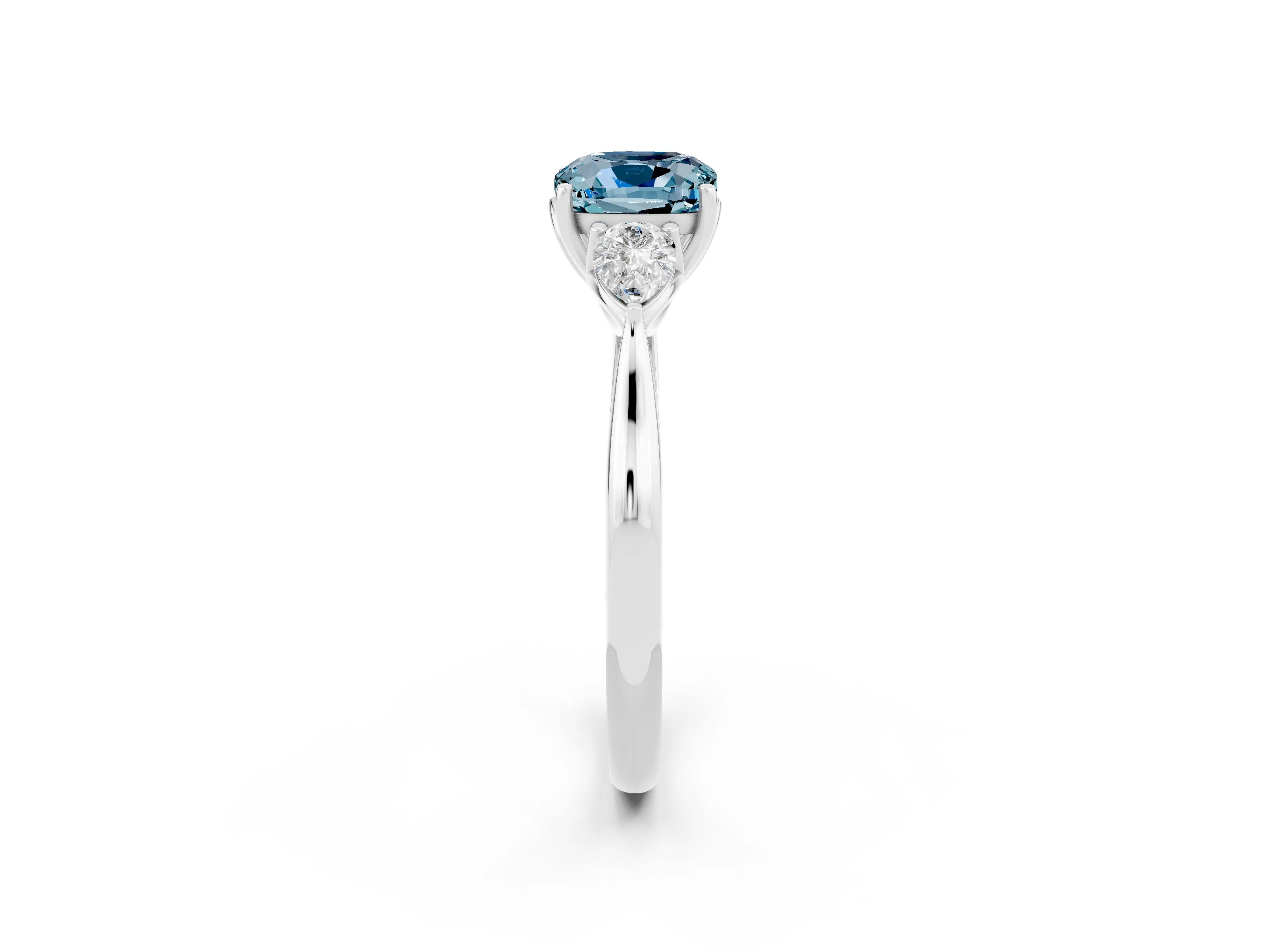 White gold Three-Stone Cushion Cut Cut Diamond Ring with Pear Side Stones in Four-Prong Setting_2