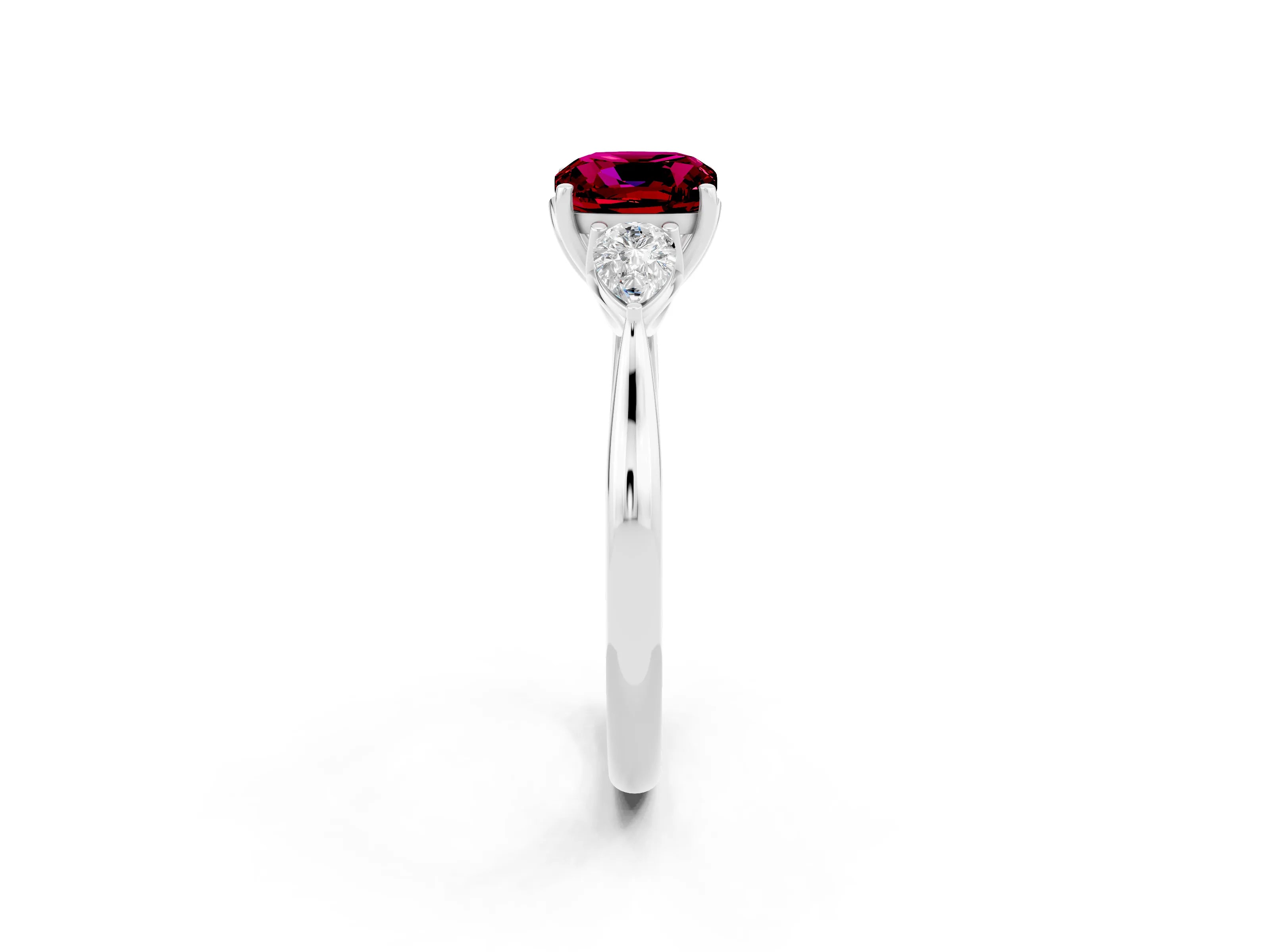White gold Three-Stone Cushion Cut Cut Diamond Ring with Pear Side Stones in Four-Prong Setting_2