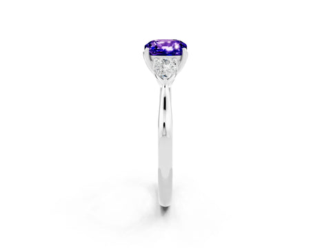 White gold Three-Stone Cushion Cut Cut Diamond Ring with Pear Side Stones in Four-Prong Setting_2