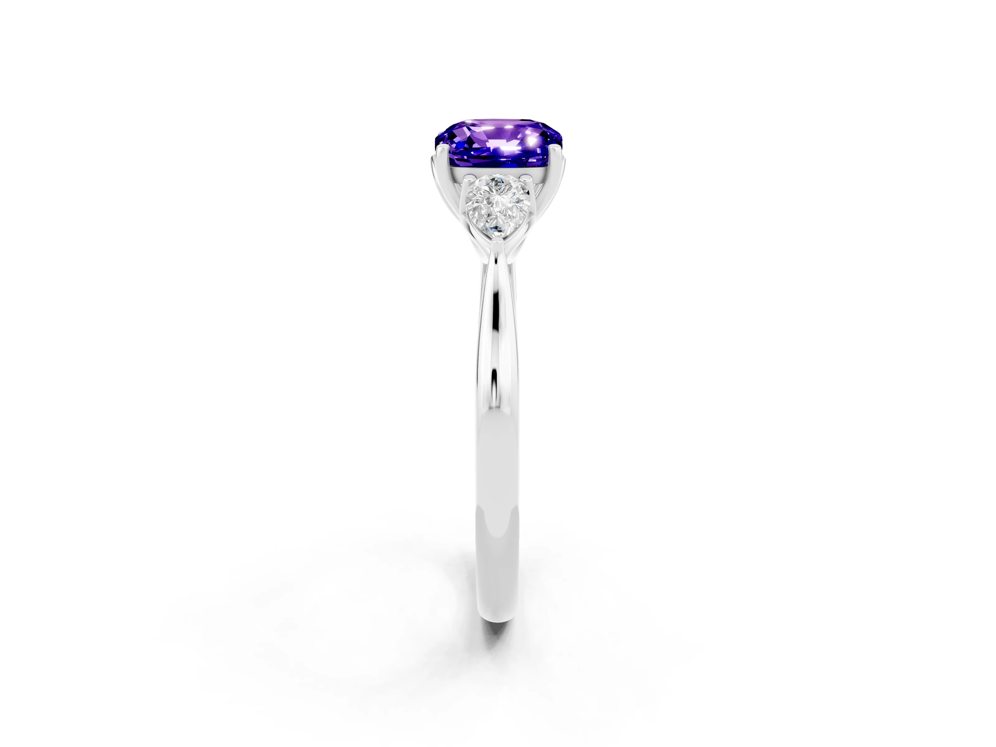 White gold Three-Stone Cushion Cut Cut Diamond Ring with Pear Side Stones in Four-Prong Setting_2
