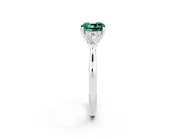 Silver Three-Stone Cushion Cut Green Sapphire Ring with Pear  Side Stones in Four-Prong Setting
