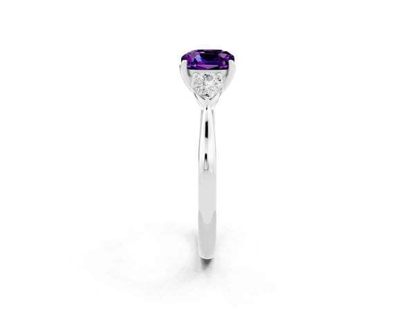 White gold Three-Stone Cushion Cut Amethyst Ring with Pear  Side Stones in Four-Prong Setting