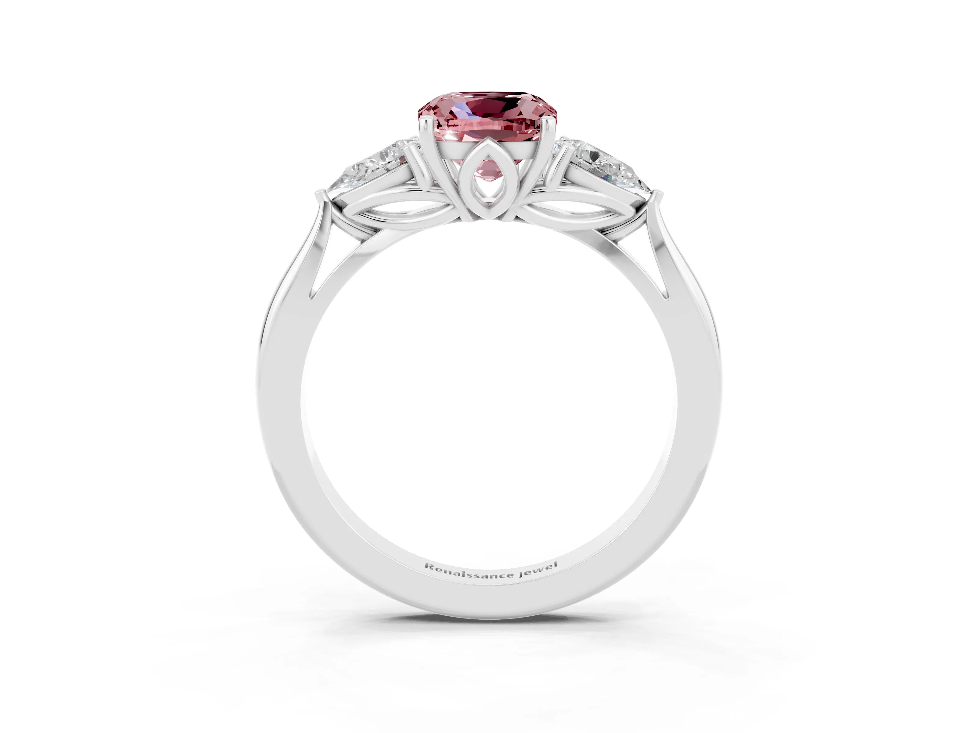 White gold Three-Stone Cushion Cut Cut Diamond Ring with Pear Side Stones in Four-Prong Setting_3