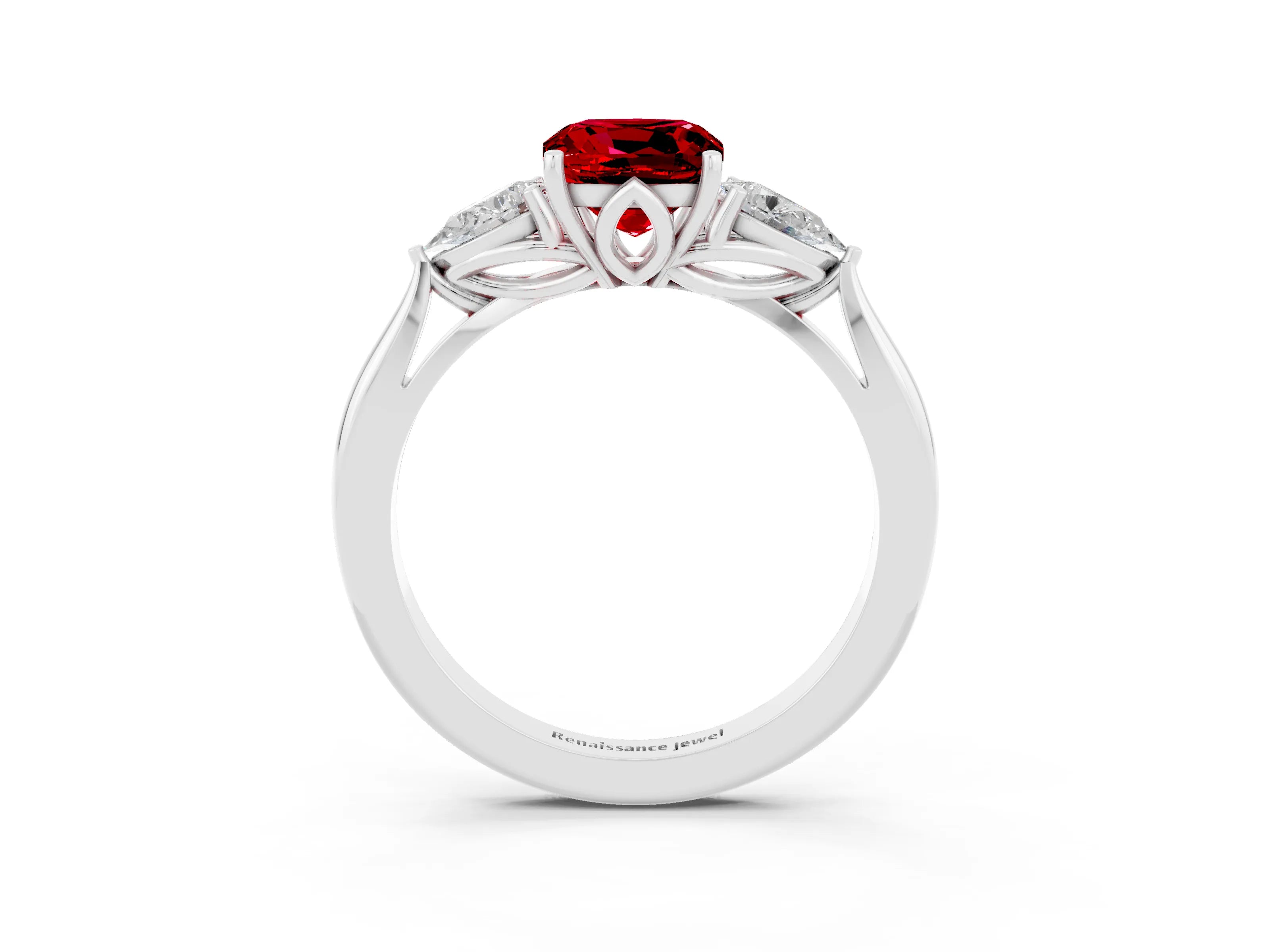 White gold Three-Stone Cushion Cut Cut Diamond Ring with Pear Side Stones in Four-Prong Setting_3