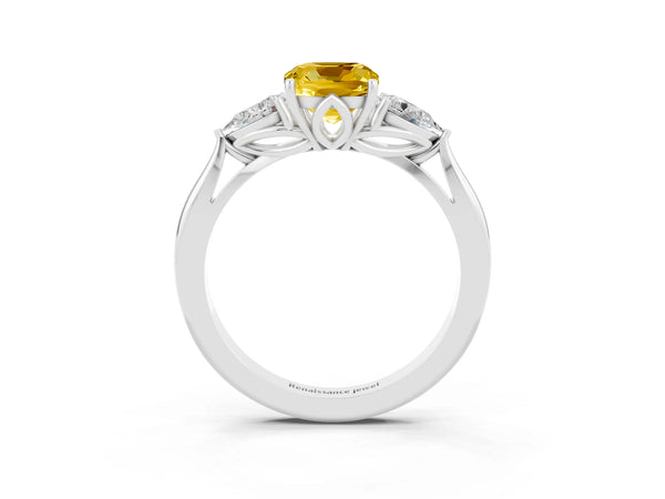 Silver Three-Stone Cushion Cut Yellow Sapphire Ring with Pear  Side Stones in Four-Prong Setting