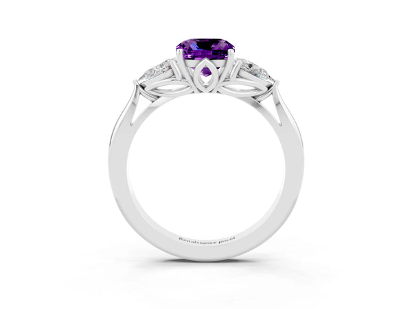 White gold Three-Stone Cushion Cut Amethyst Ring with Pear  Side Stones in Four-Prong Setting
