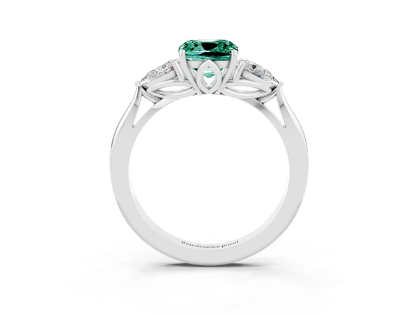 Silver Three-Stone Cushion Cut Green Sapphire Ring with Pear  Side Stones in Four-Prong Setting