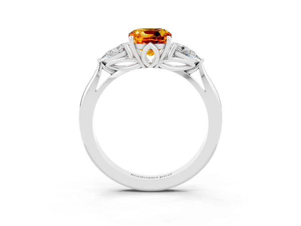 Silver Three-Stone Cushion Cut Citrine Ring with Pear  Side Stones in Four-Prong Setting