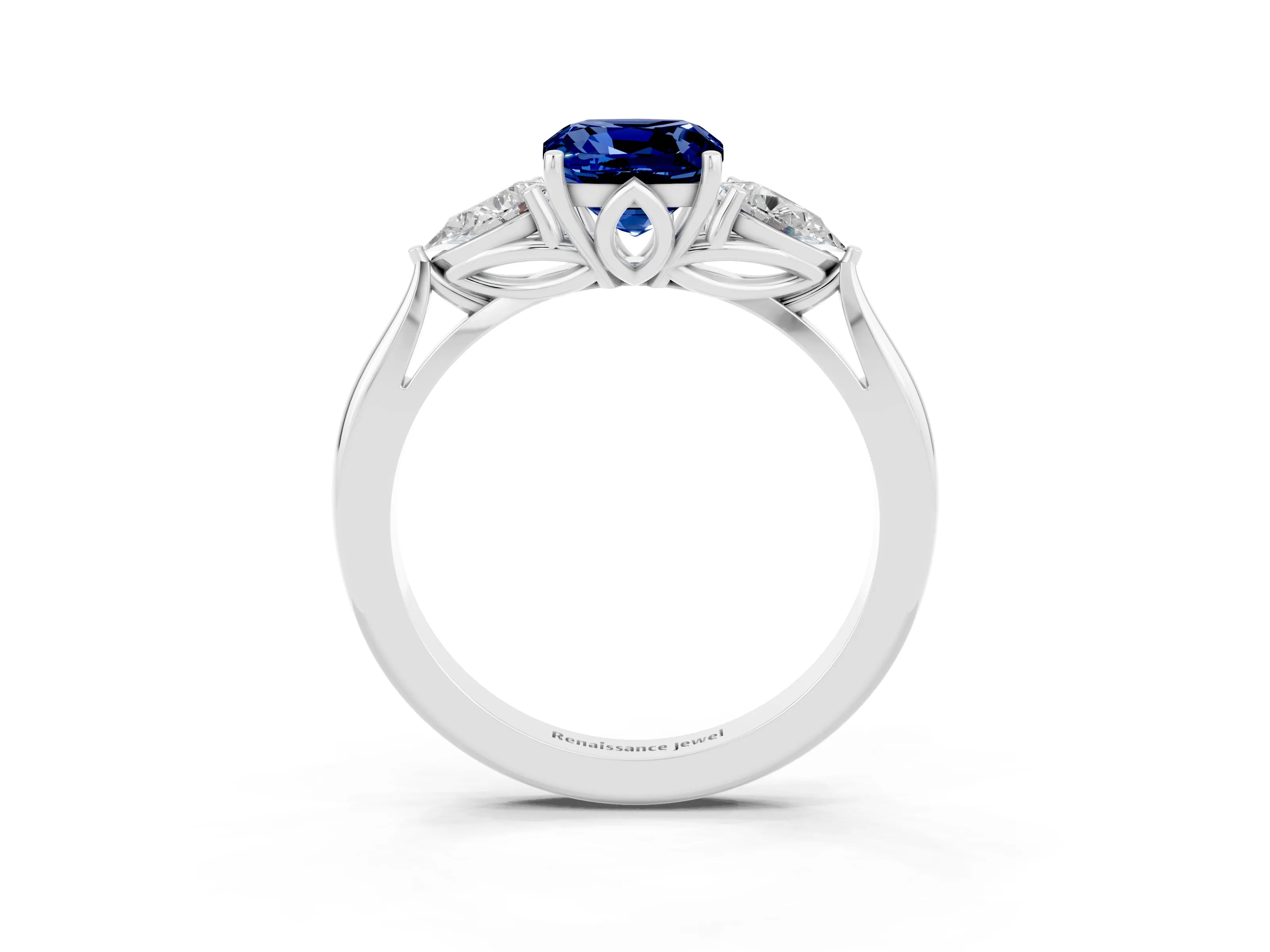 White gold Three-Stone Cushion Cut Cut Diamond Ring with Pear Side Stones in Four-Prong Setting_3