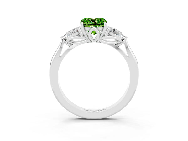 Platinum Three-Stone Cushion Cut Cut Diamond Ring with Pear Side Stones in Four-Prong Setting