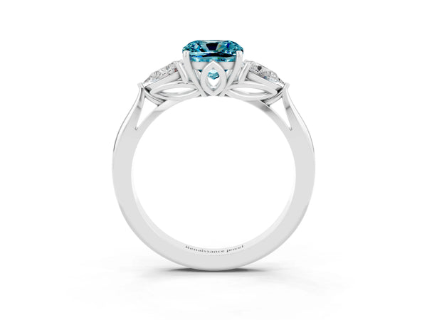 Silver Three-Stone Cushion Cut Cut Diamond Ring with Pear Side Stones in Four-Prong Setting