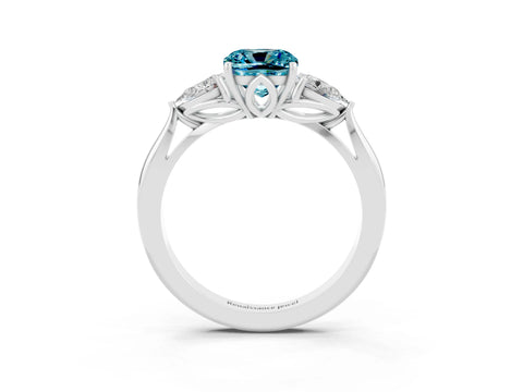 White gold Three-Stone Cushion Cut Cut Diamond Ring with Pear Side Stones in Four-Prong Setting_3