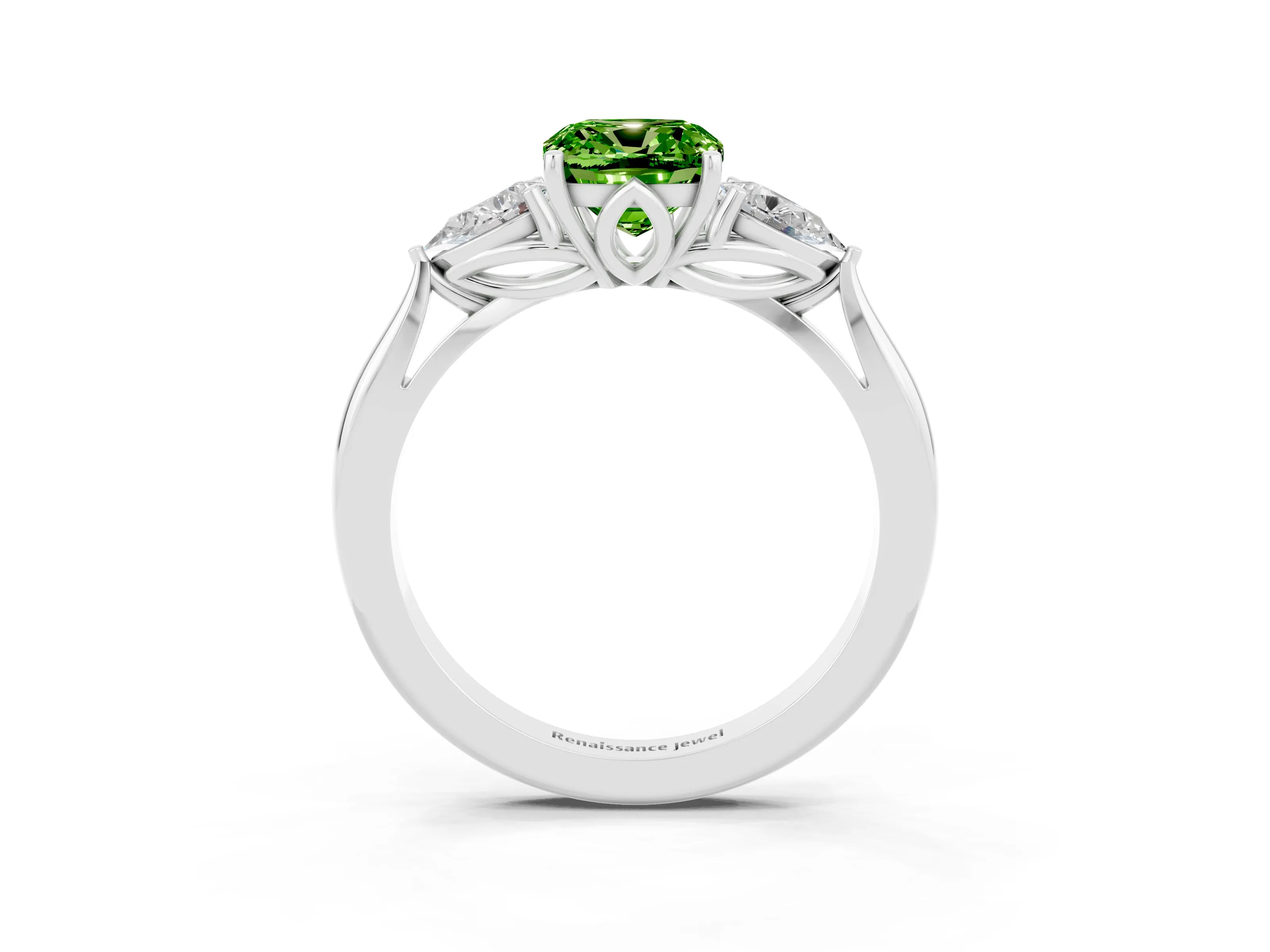 White gold Three-Stone Cushion Cut Cut Diamond Ring with Pear Side Stones in Four-Prong Setting_3
