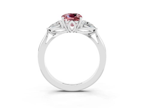 White gold Three-Stone Cushion Cut Cut Diamond Ring with Pear Side Stones in Four-Prong Setting_3