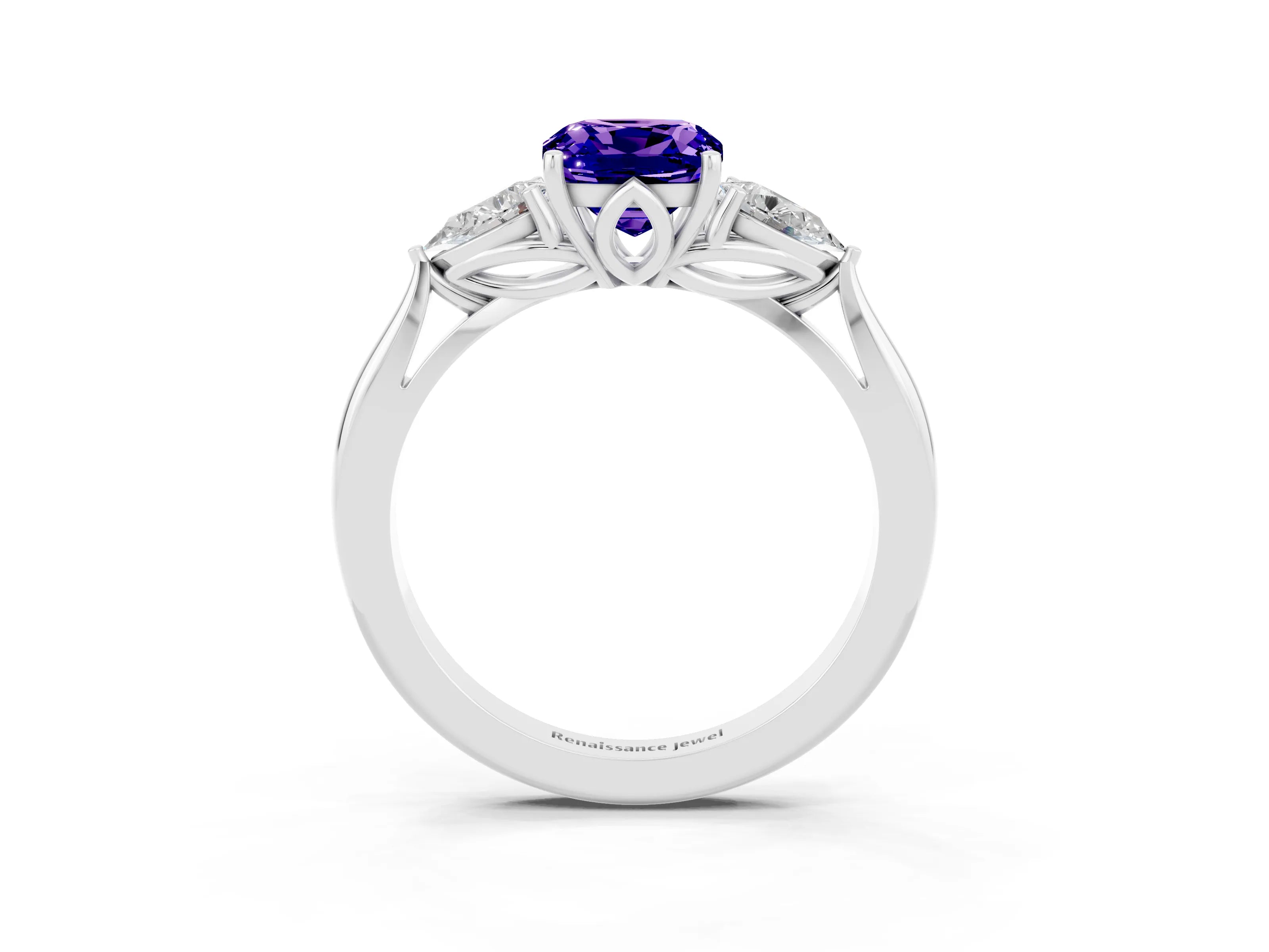 White gold Three-Stone Cushion Cut Cut Diamond Ring with Pear Side Stones in Four-Prong Setting_3