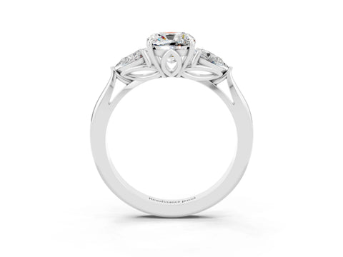 White gold Three-Stone Cushion Cut Cut Diamond Ring with Pear Side Stones in Four-Prong Setting_3