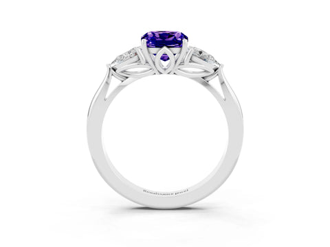 White gold Three-Stone Cushion Cut Cut Diamond Ring with Pear Side Stones in Four-Prong Setting_3