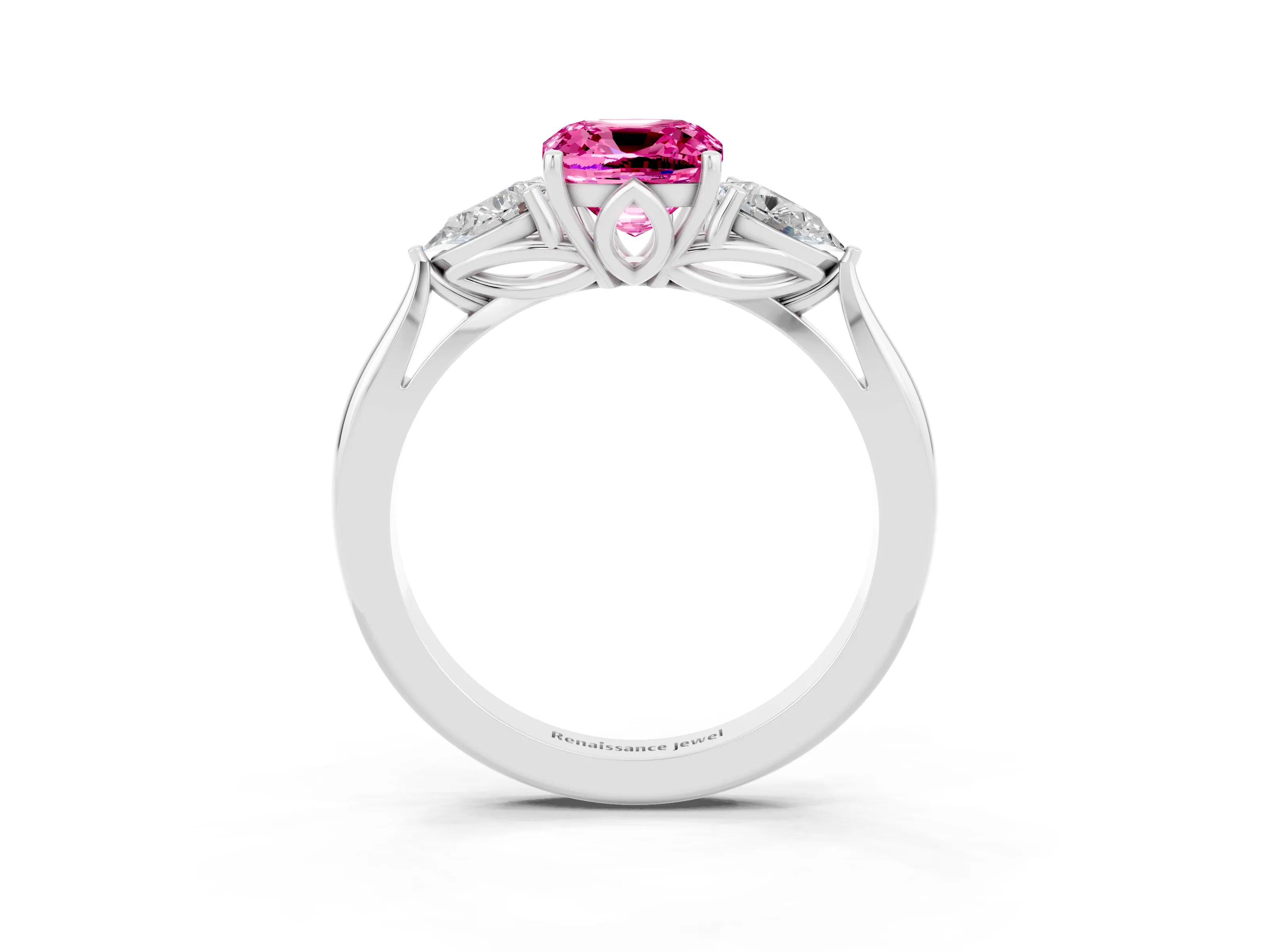 White gold Three-Stone Cushion Cut Cut Diamond Ring with Pear Side Stones in Four-Prong Setting_3