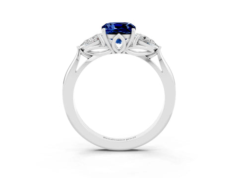 White gold Three-Stone Cushion Cut Cut Diamond Ring with Pear Side Stones in Four-Prong Setting_3