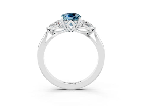 White gold Three-Stone Cushion Cut Cut Diamond Ring with Pear Side Stones in Four-Prong Setting_3