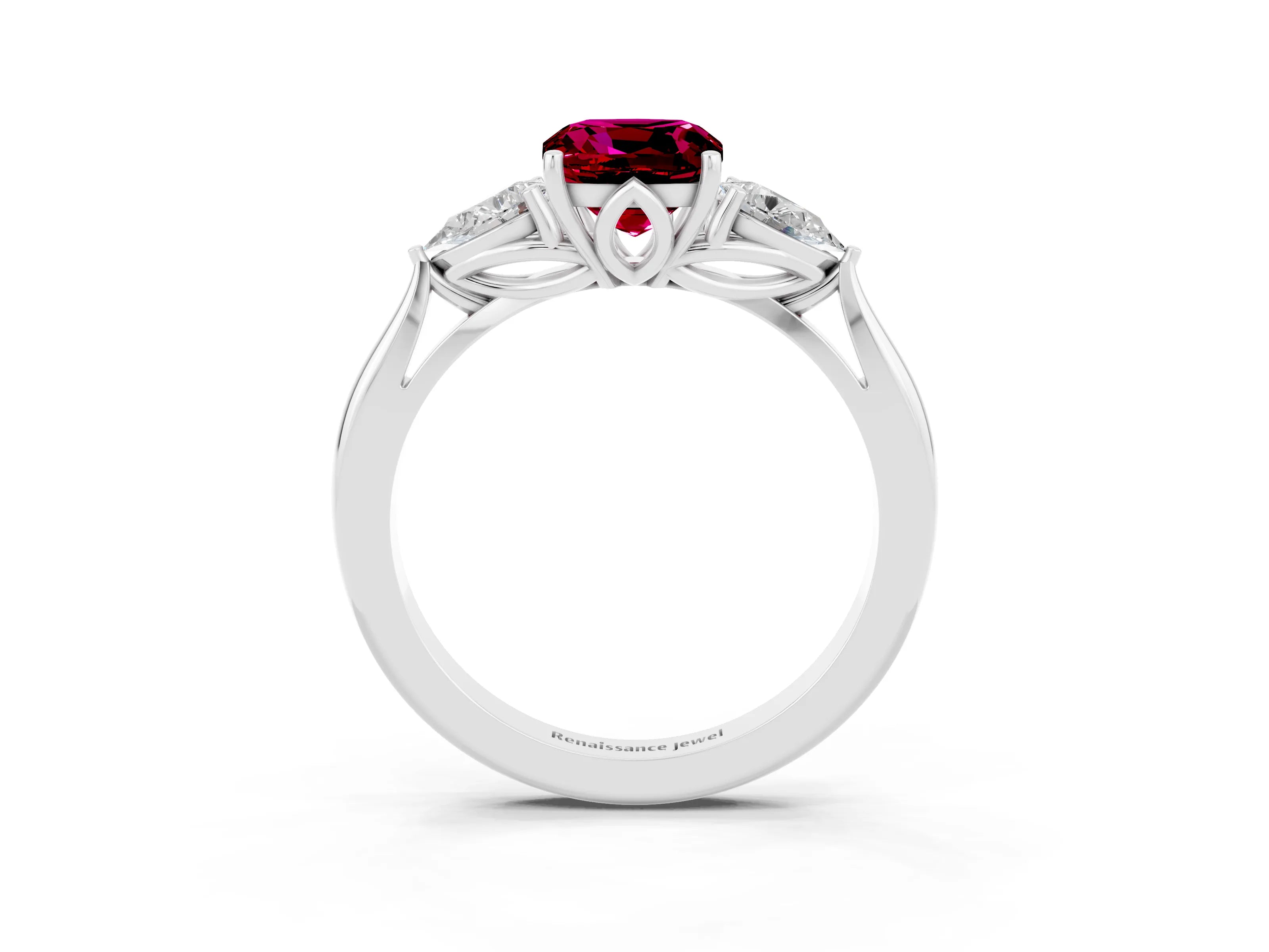 White gold Three-Stone Cushion Cut Cut Diamond Ring with Pear Side Stones in Four-Prong Setting_3