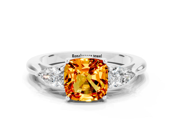 Silver Three-Stone Cushion Cut Citrine Ring with Pear  Side Stones in Four-Prong Setting