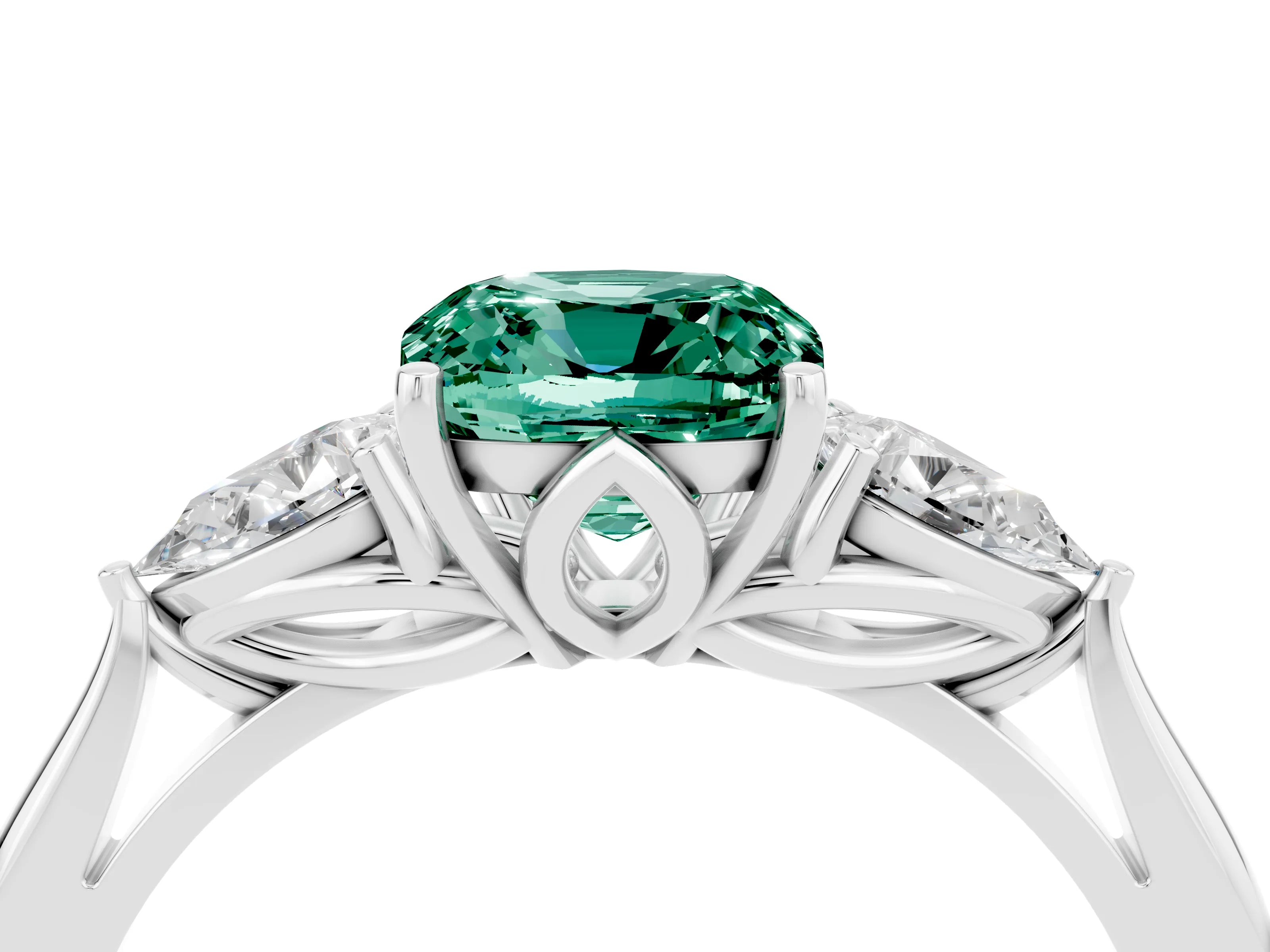 White gold Three-Stone Cushion Cut Cut Diamond Ring with Pear Side Stones in Four-Prong Setting_4