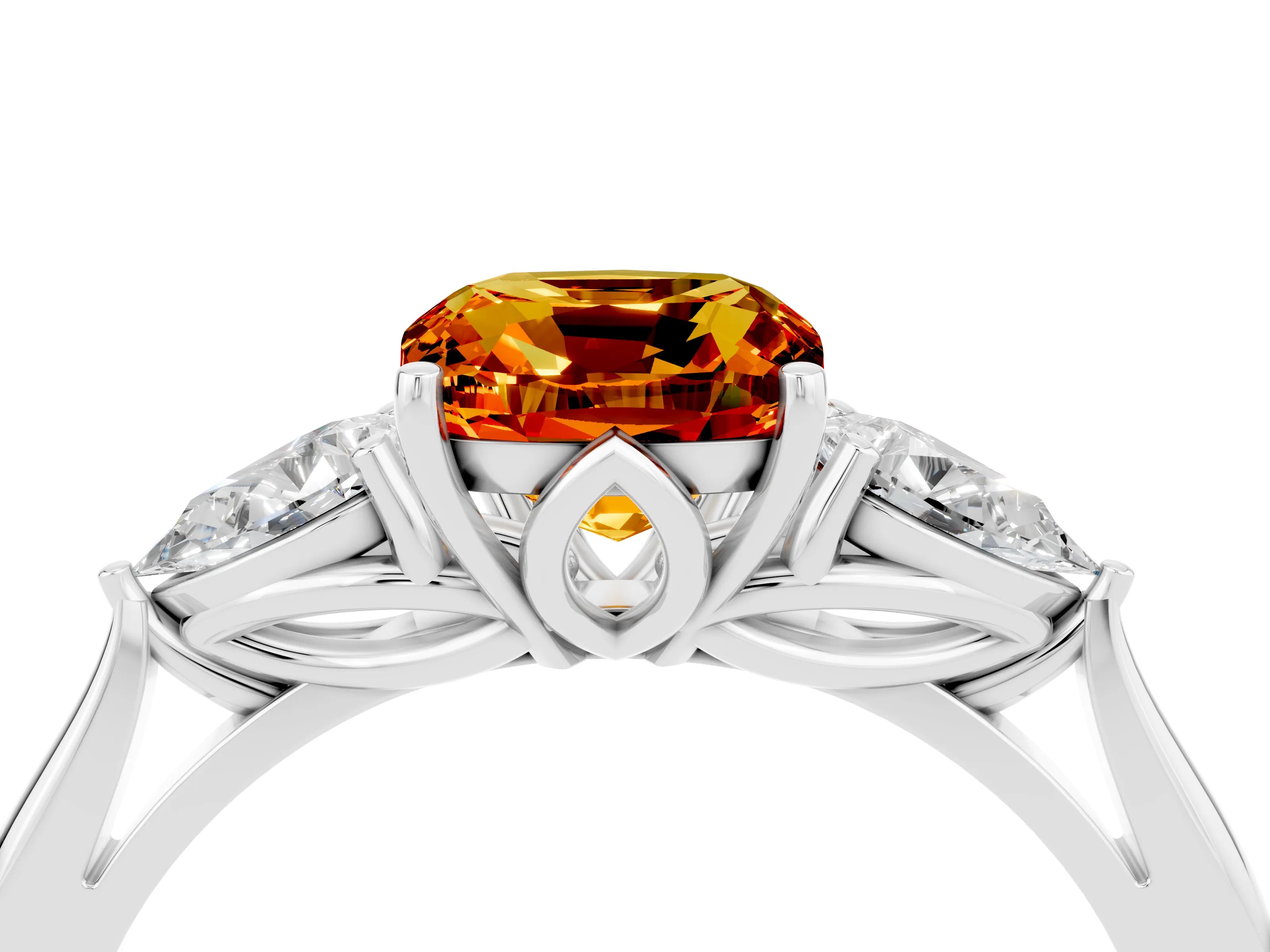 White gold Three-Stone Cushion Cut Cut Diamond Ring with Pear Side Stones in Four-Prong Setting_4