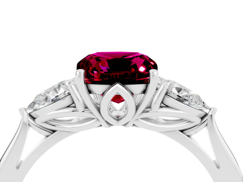 White gold Three-Stone Cushion Cut Cut Diamond Ring with Pear Side Stones in Four-Prong Setting_4