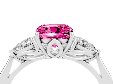 White gold Three-Stone Cushion Cut Cut Diamond Ring with Pear Side Stones in Four-Prong Setting_4