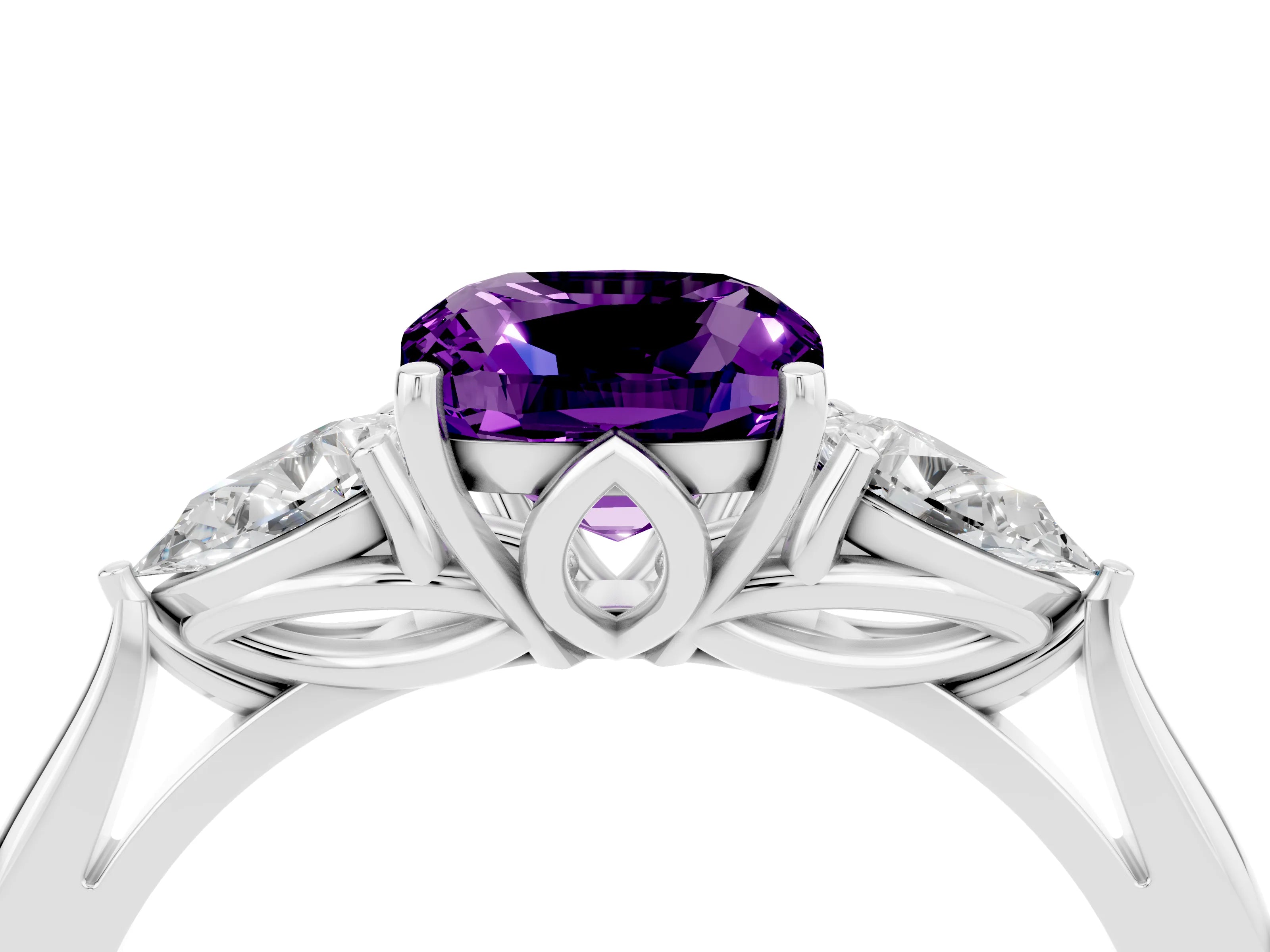 White gold Three-Stone Cushion Cut Cut Diamond Ring with Pear Side Stones in Four-Prong Setting_4