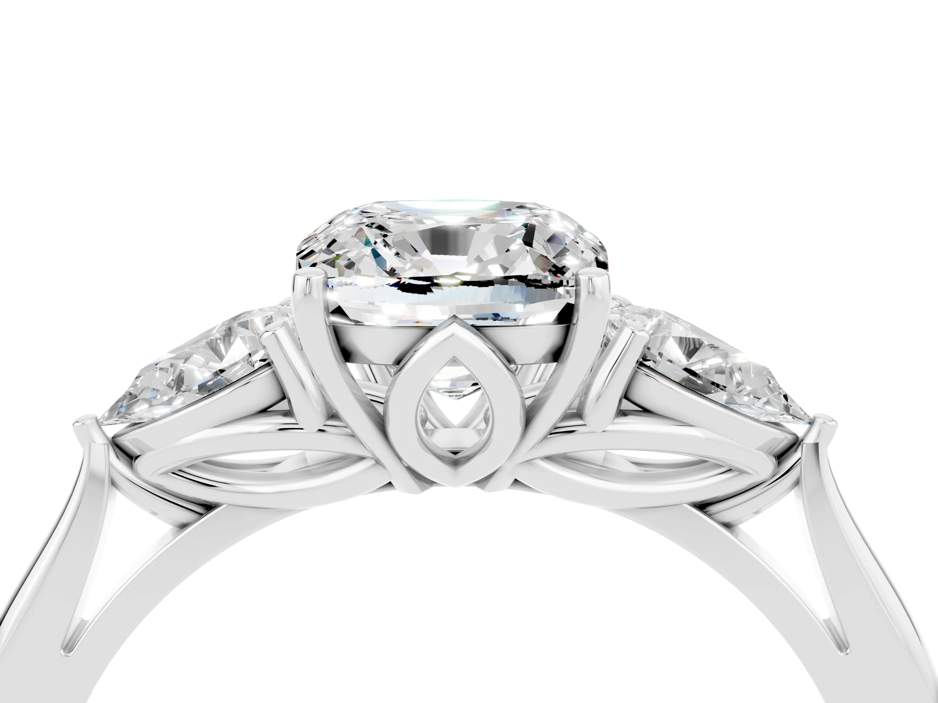 White gold Three-Stone Cushion Cut Cut Diamond Ring with Pear Side Stones in Four-Prong Setting_4