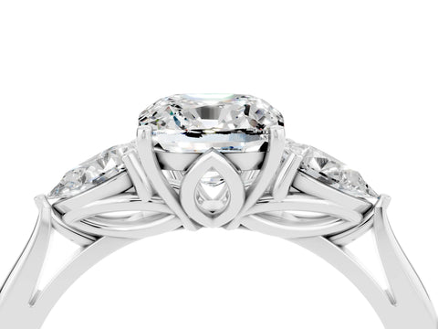 White gold Three-Stone Cushion Cut Cut Diamond Ring with Pear Side Stones in Four-Prong Setting_4