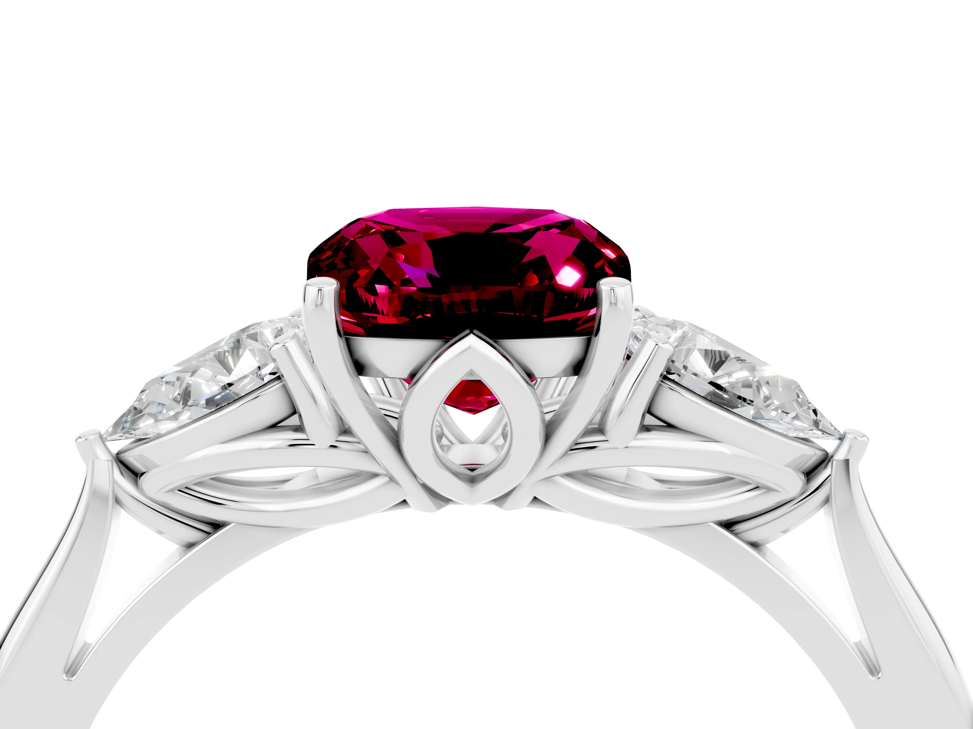White gold Three-Stone Cushion Cut Cut Diamond Ring with Pear Side Stones in Four-Prong Setting_4