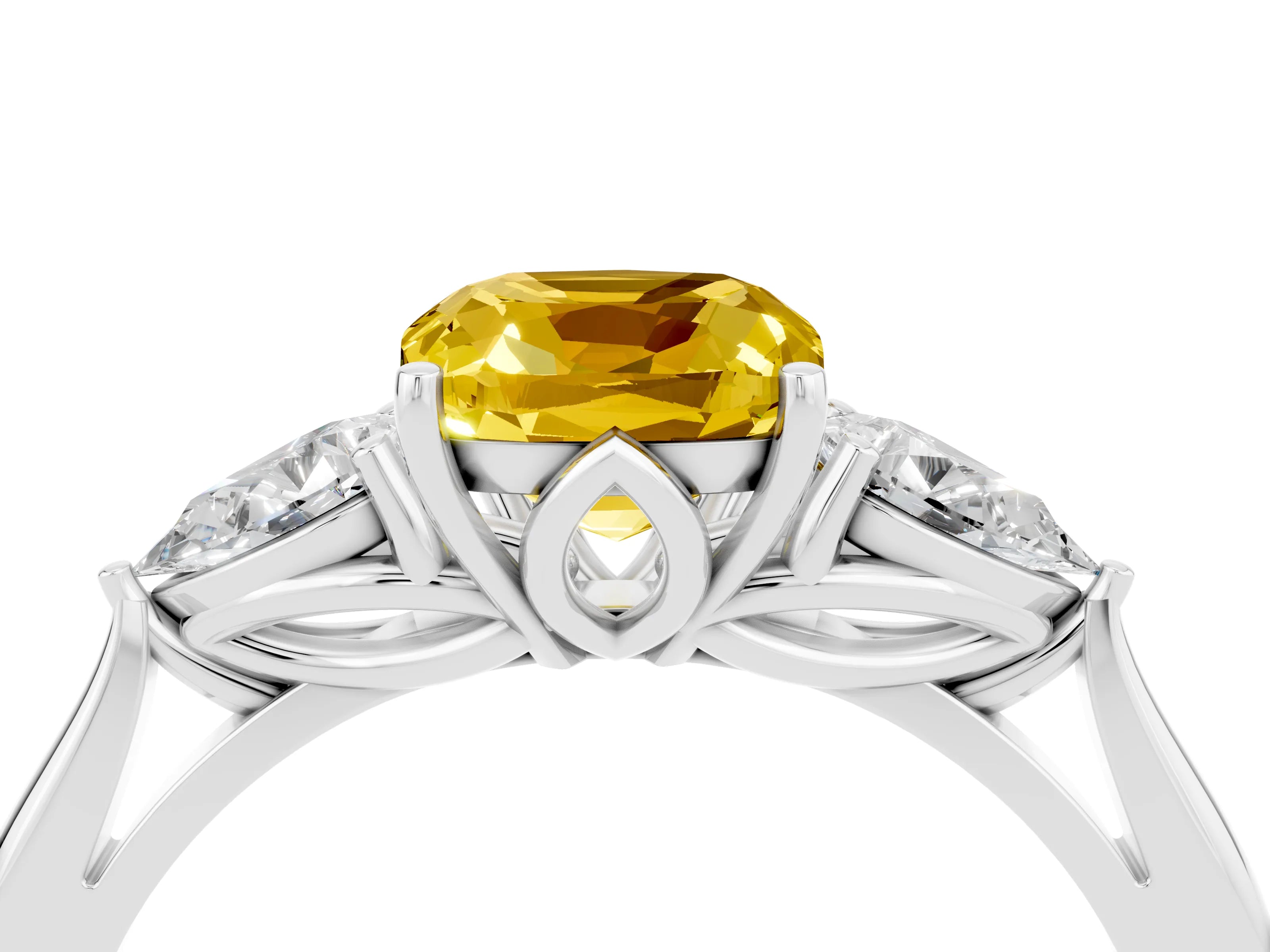 White gold Three-Stone Cushion Cut Cut Diamond Ring with Pear Side Stones in Four-Prong Setting_4