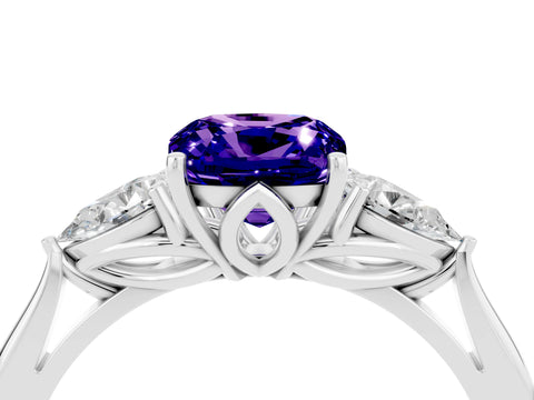 White gold Three-Stone Cushion Cut Cut Diamond Ring with Pear Side Stones in Four-Prong Setting_4