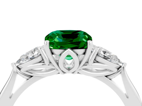 White gold Three-Stone Cushion Cut Cut Diamond Ring with Pear Side Stones in Four-Prong Setting_4