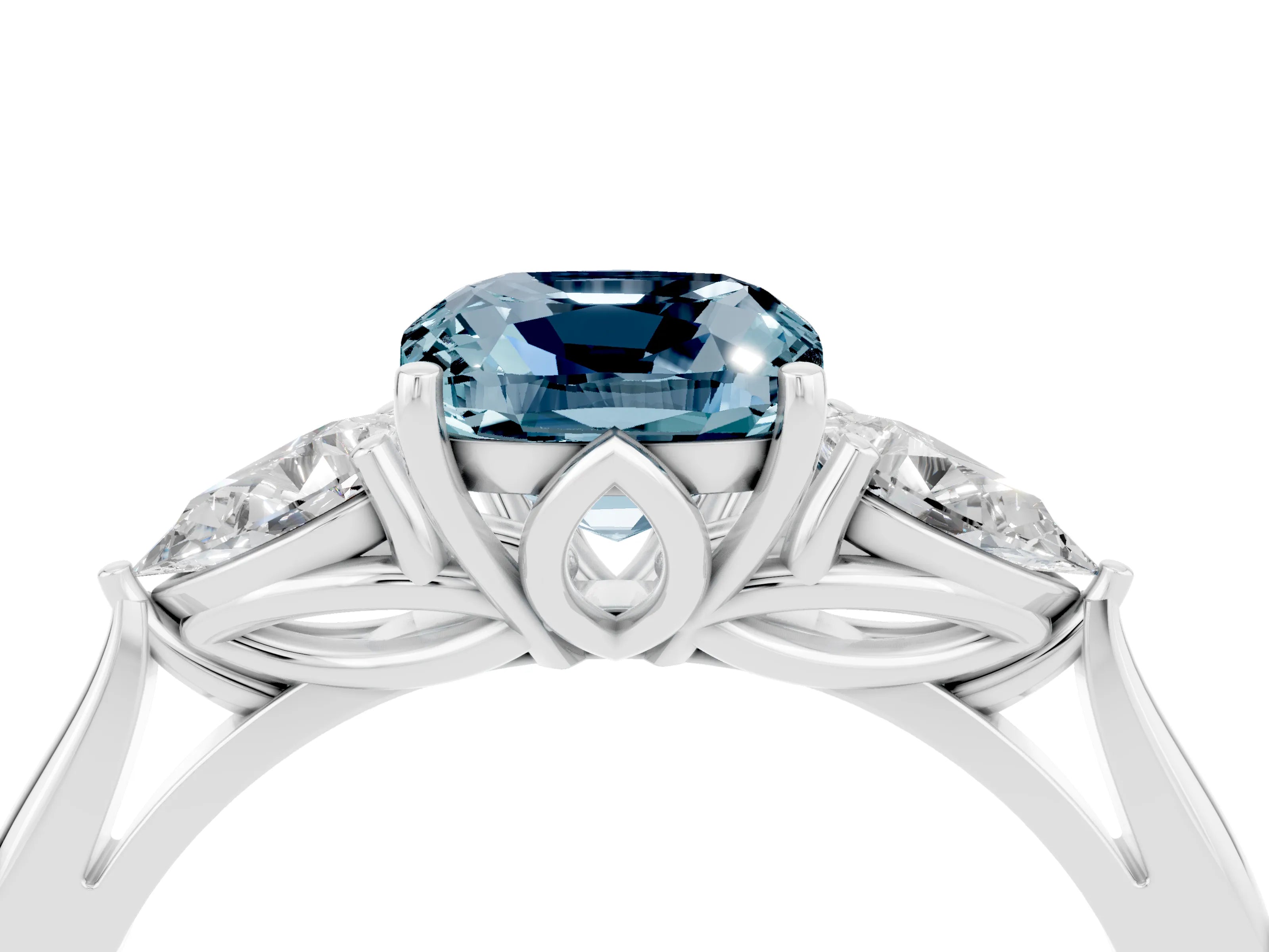 White gold Three-Stone Cushion Cut Cut Diamond Ring with Pear Side Stones in Four-Prong Setting_4